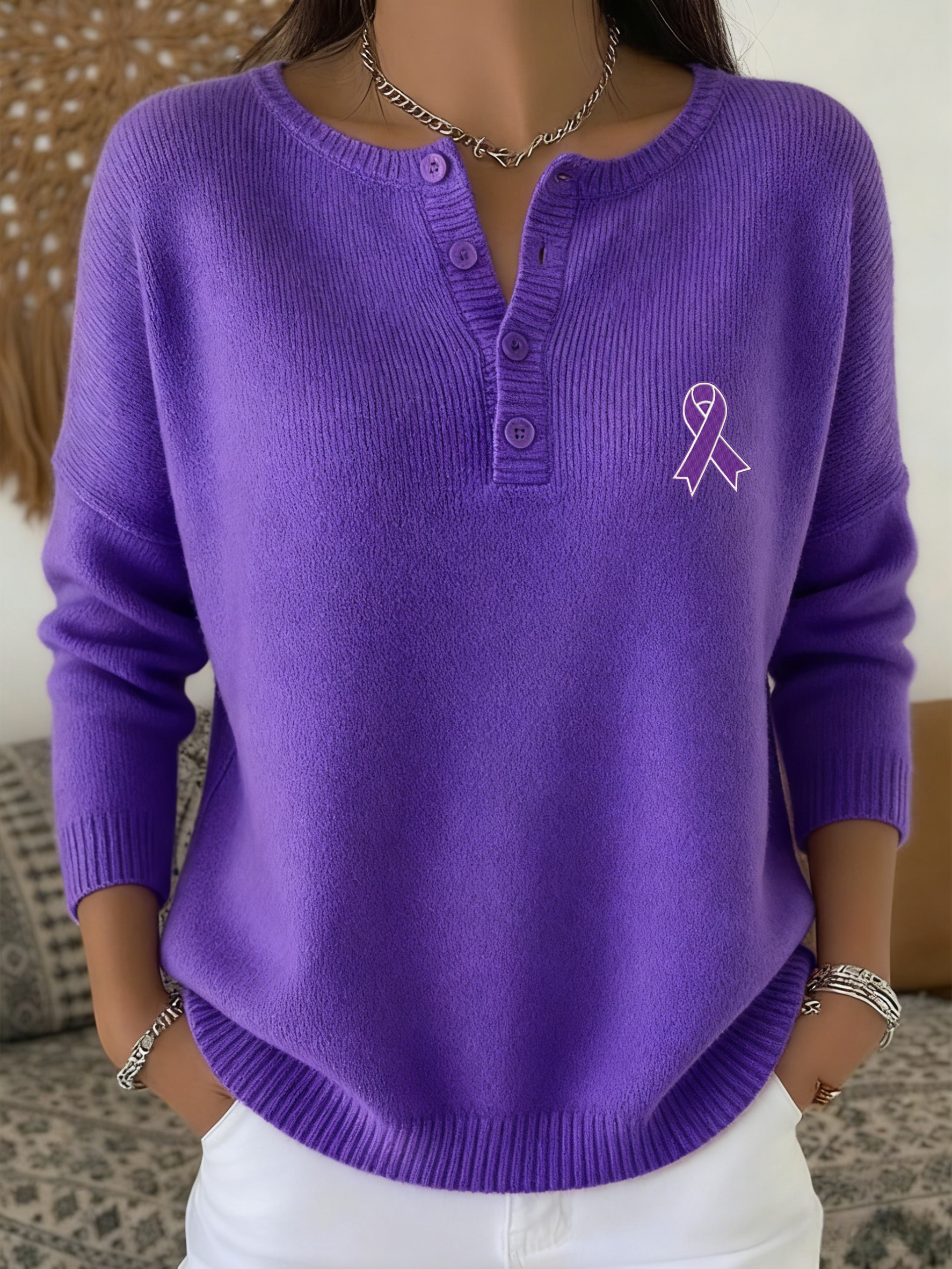 Women's Soft Solid Color Henley Collar Sweater Top