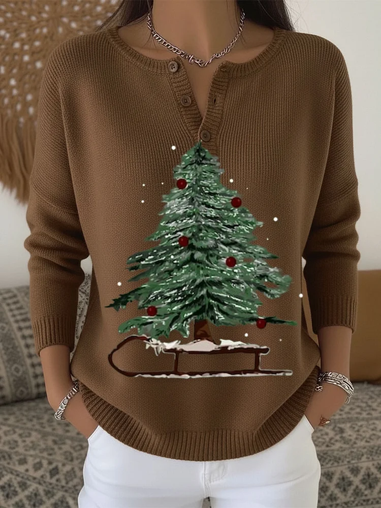 Vintage Christmas Tree Art Print Buttoned Cardigan Sweater