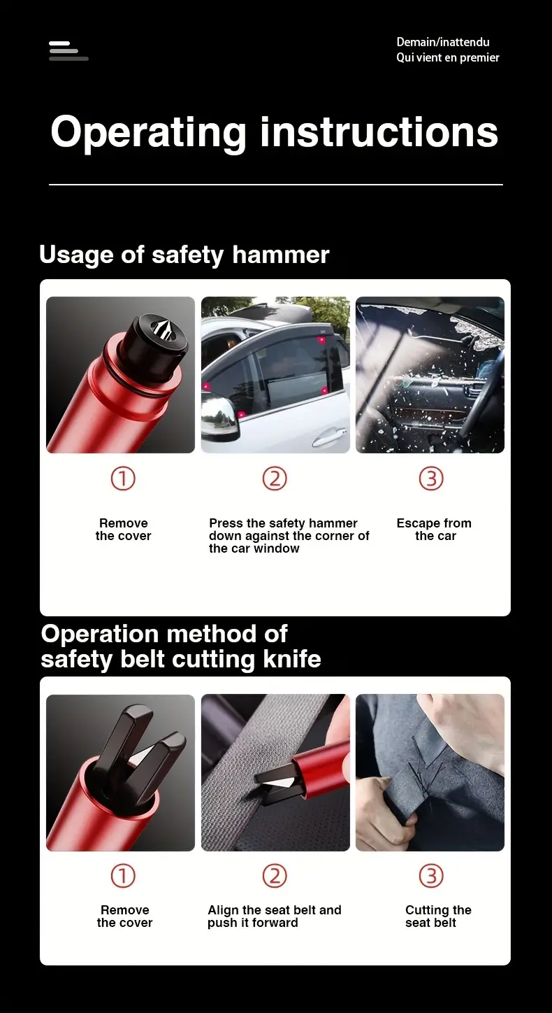 1pc sleek black emergency car safety hammer   aluminum alloy seat belt cutter window breaker keychain   vehicles details 11