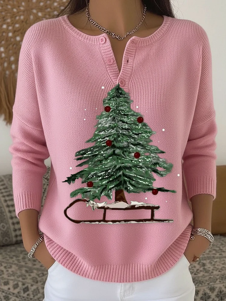 Vintage Christmas Tree Art Print Buttoned Cardigan Sweater