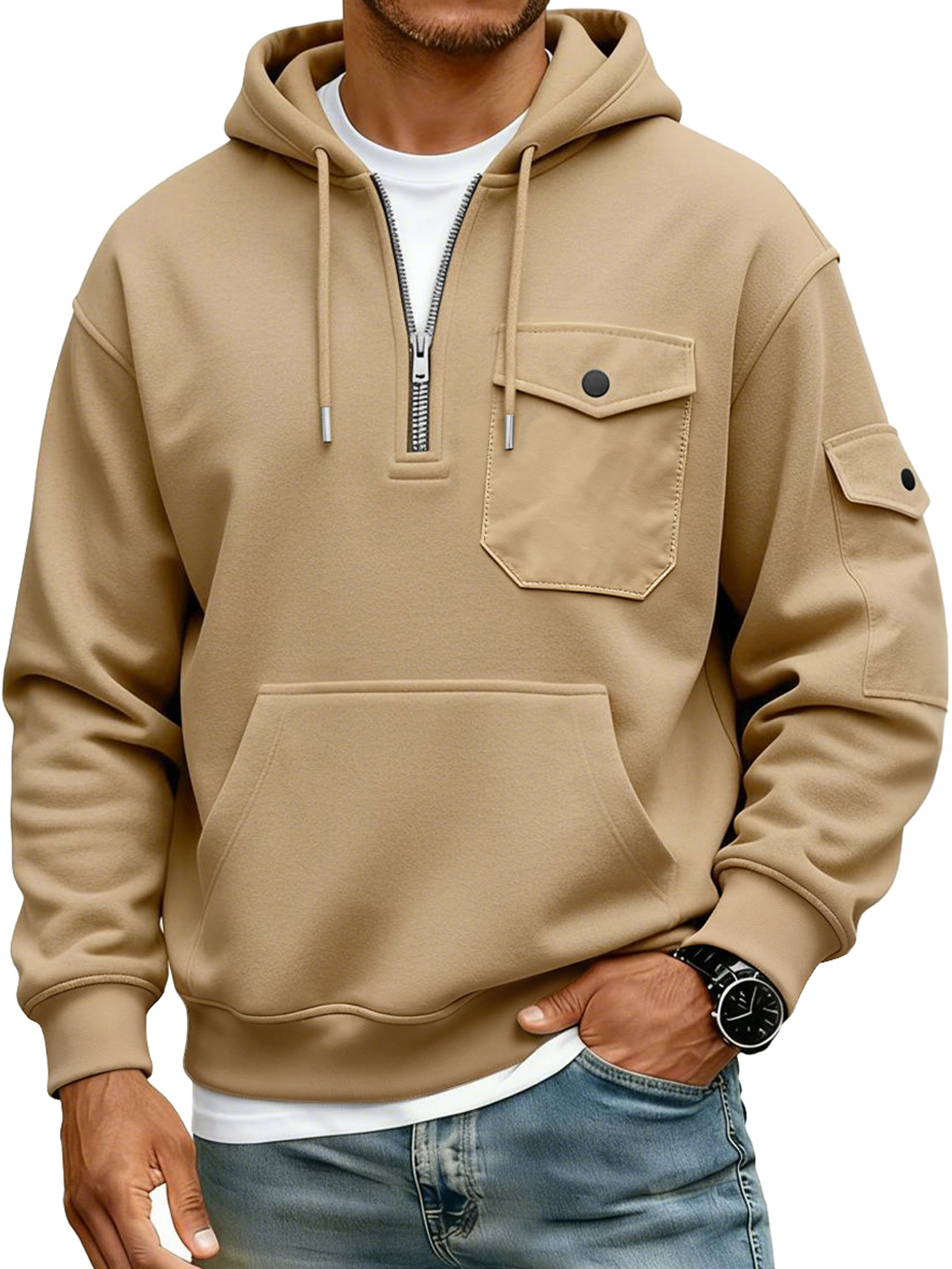 Men's Multi-Pocket Zipper Hooded Casual Workwear Sweatshirt