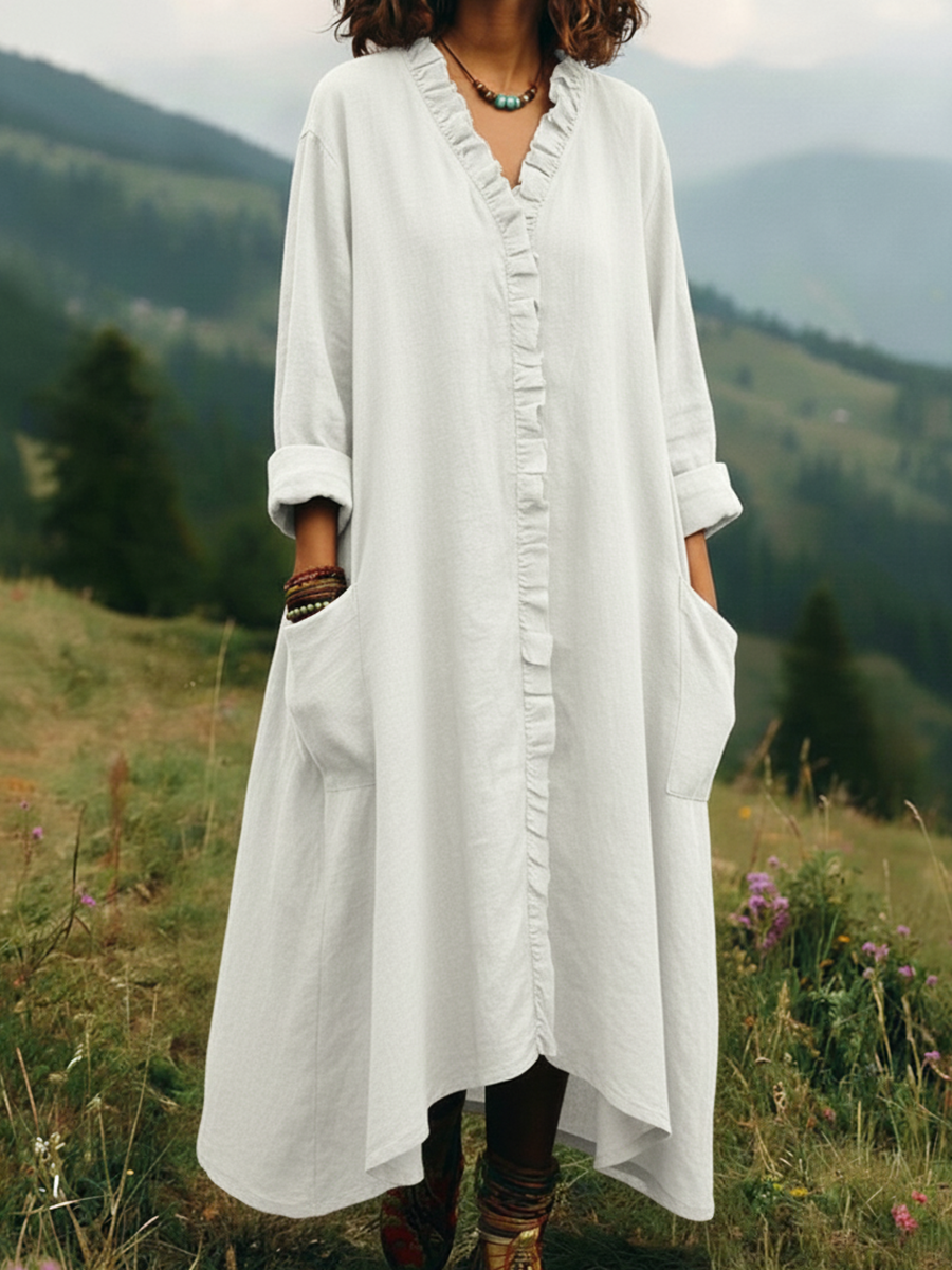 Casual Ruffle-Trim V-Neck Long Dress with Pockets