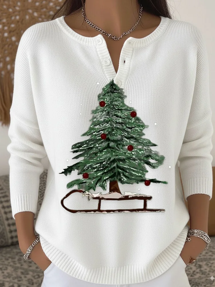 Vintage Christmas Tree Art Print Buttoned Cardigan Sweater