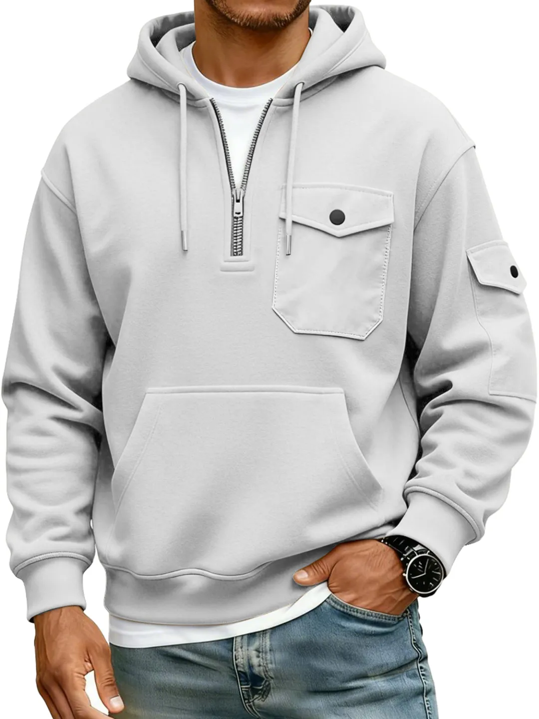 Men's Multi-Pocket Zipper Hooded Casual Workwear Sweatshirt