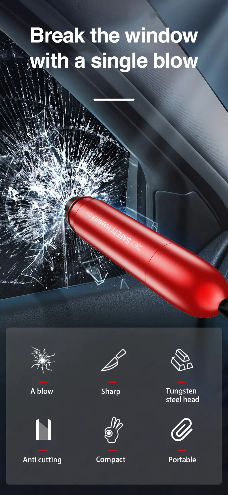 1pc sleek black emergency car safety hammer   aluminum alloy seat belt cutter window breaker keychain   vehicles details 0