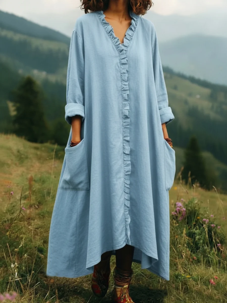 Casual Ruffle-Trim V-Neck Long Dress with Pockets