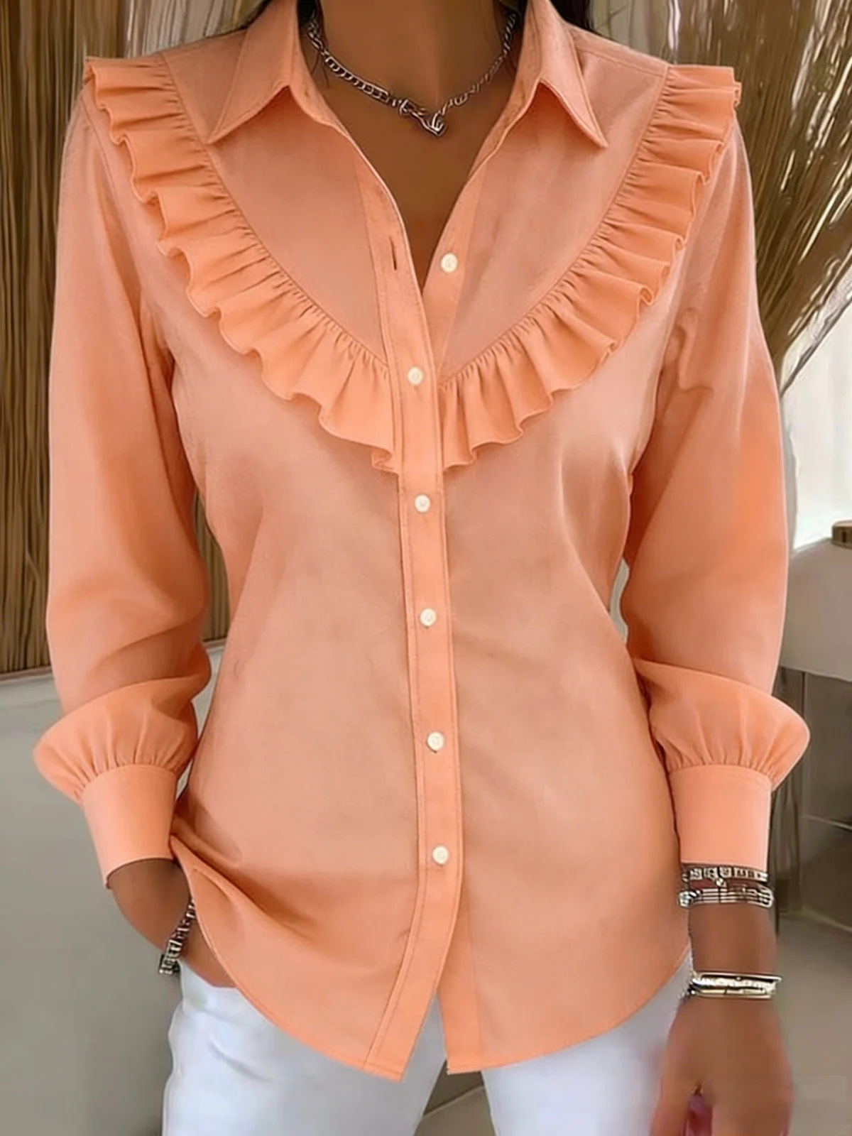 Spring Women's Solid Color Shirt Collar Long Sleeve