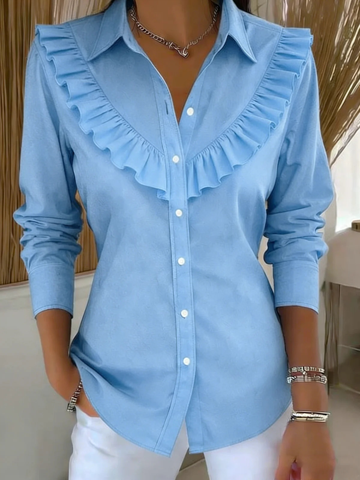 Spring Women's Solid Color Shirt Collar Long Sleeve