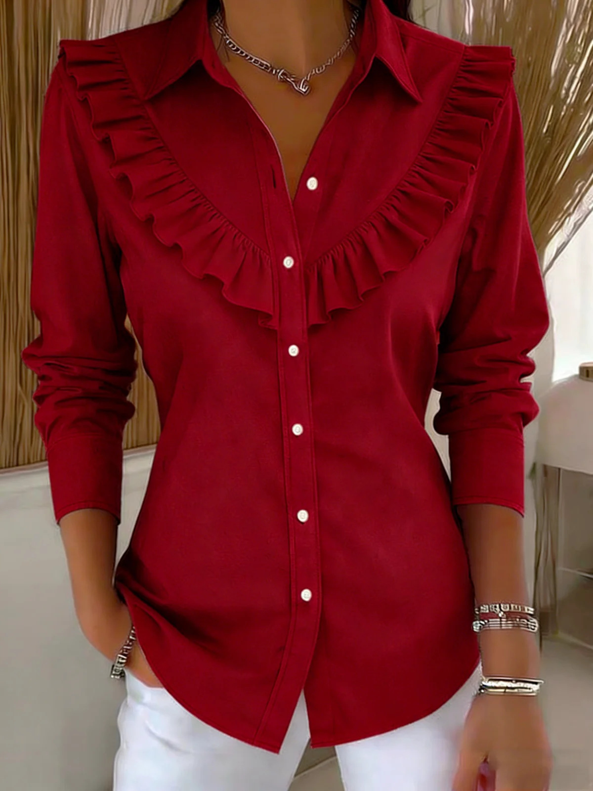 Spring Women's Solid Color Shirt Collar Long Sleeve