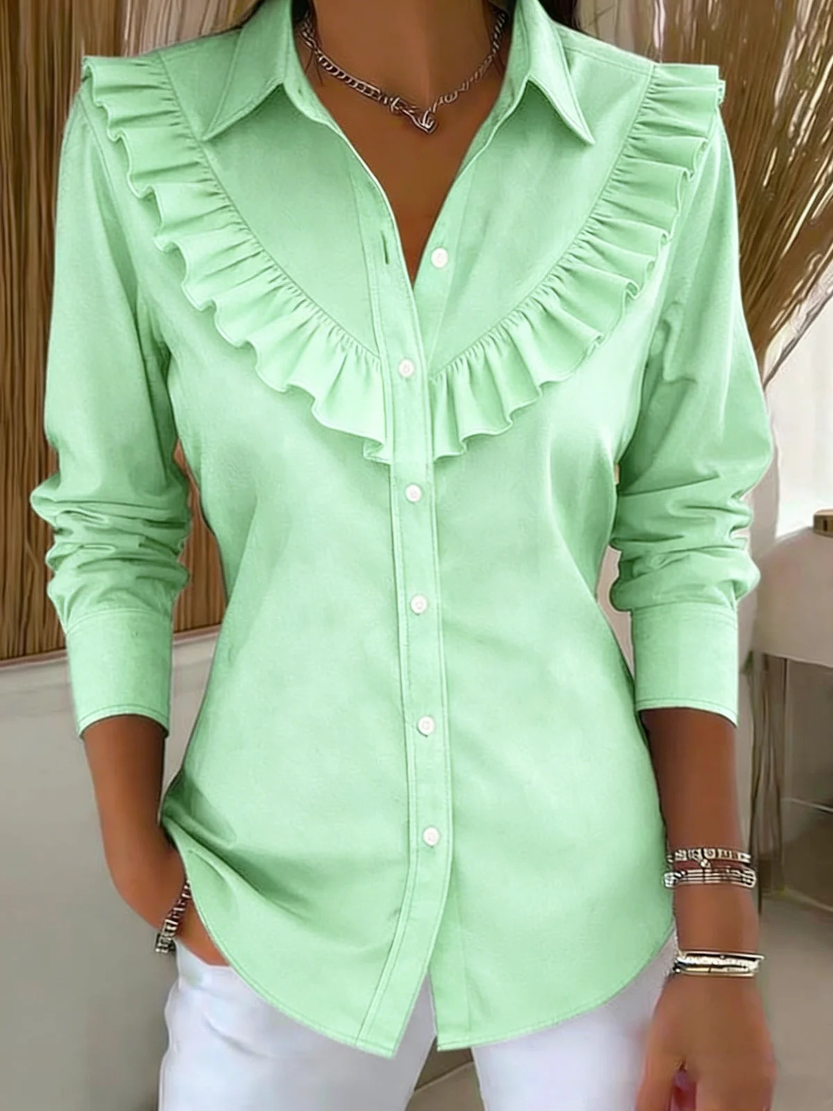 Spring Women's Solid Color Shirt Collar Long Sleeve