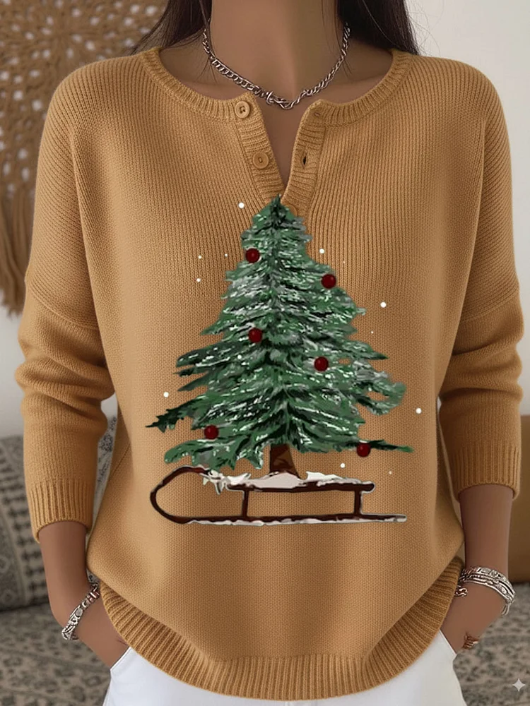 Vintage Christmas Tree Art Print Buttoned Cardigan Sweater