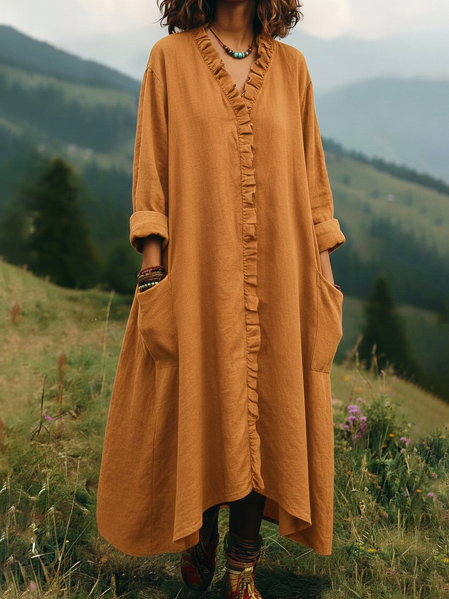 Casual Ruffle-Trim V-Neck Long Dress with Pockets