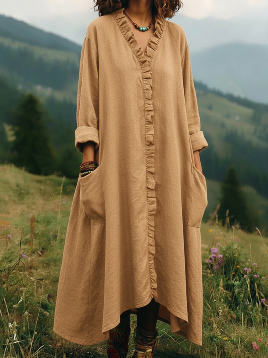 Casual Ruffle-Trim V-Neck Long Dress with Pockets