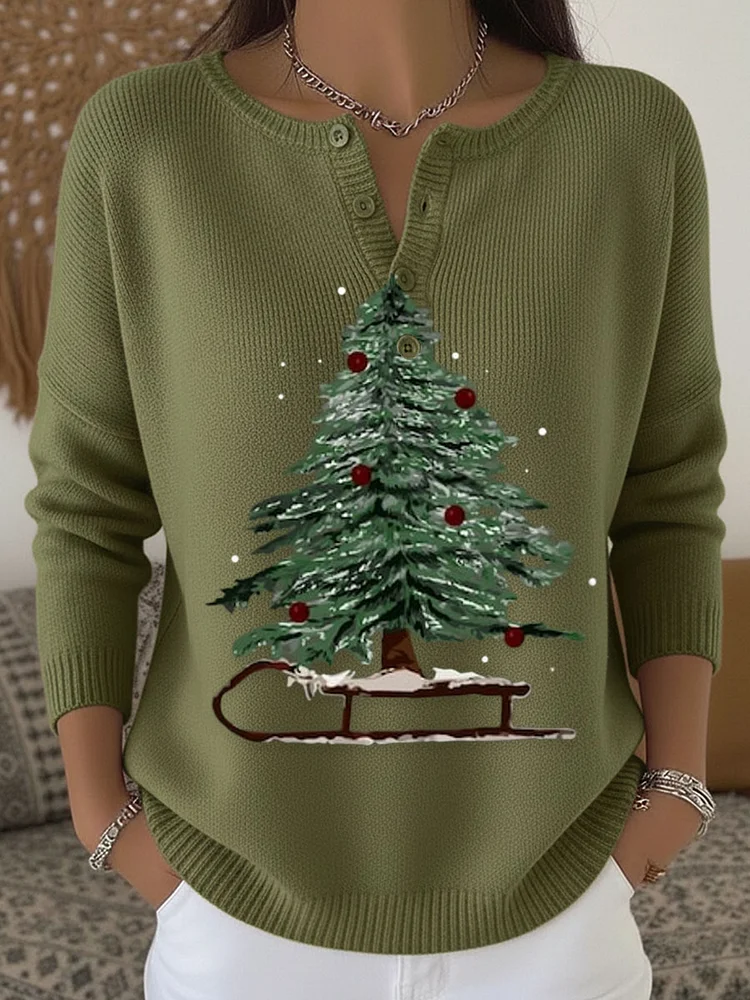 Vintage Christmas Tree Art Print Buttoned Cardigan Sweater