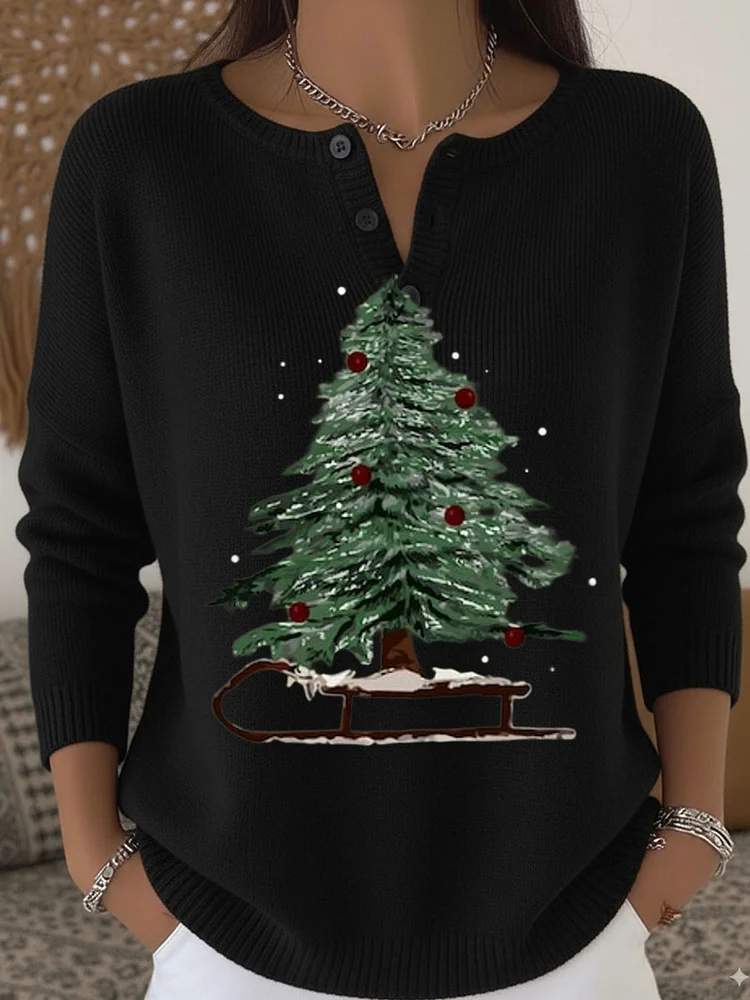 Vintage Christmas Tree Art Print Buttoned Cardigan Sweater