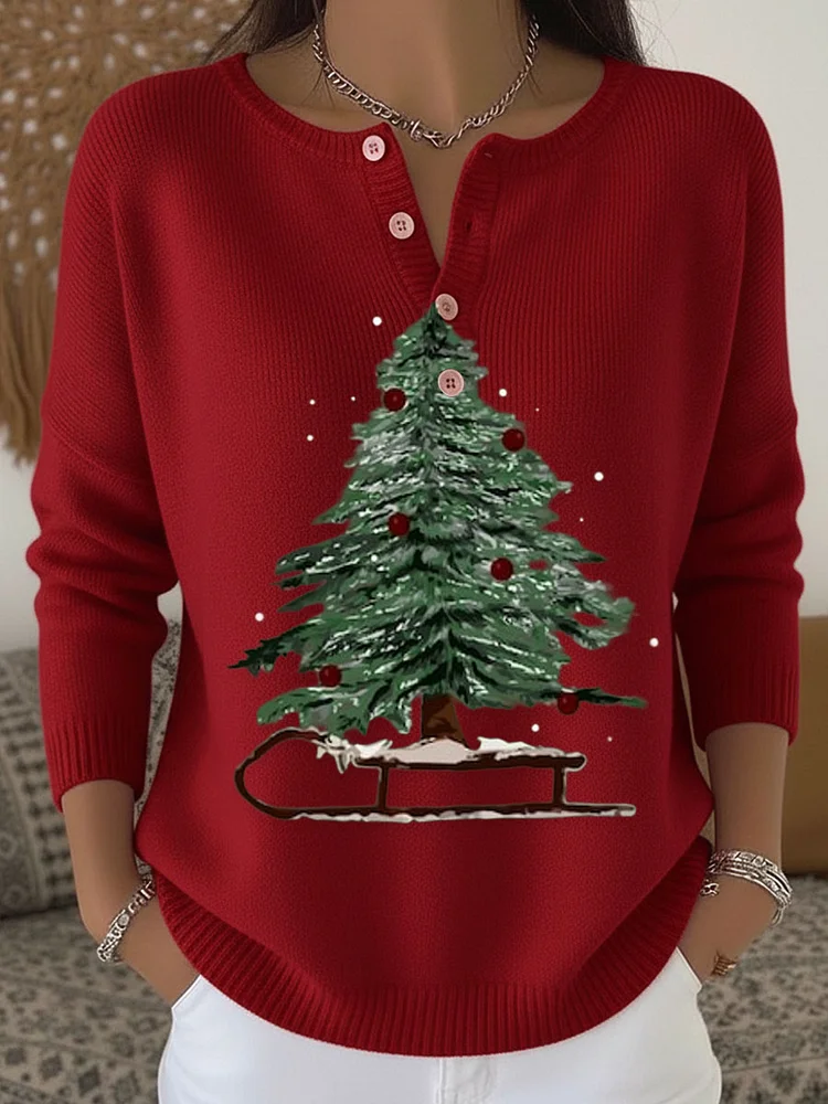 Vintage Christmas Tree Art Print Buttoned Cardigan Sweater