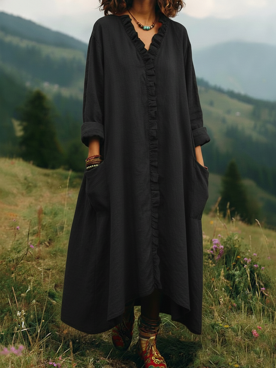Casual Ruffle-Trim V-Neck Long Dress with Pockets