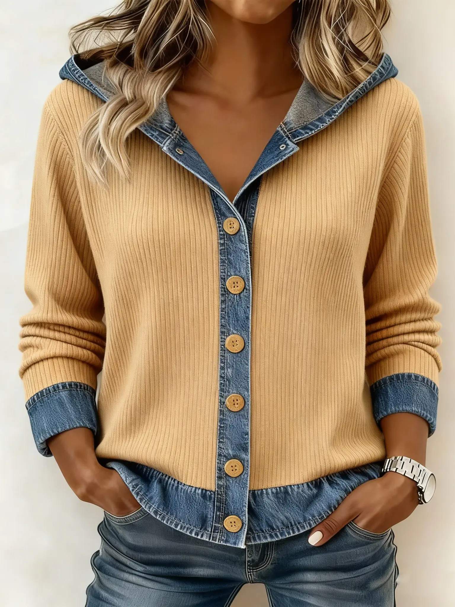 Women's Cashmere Knit Denim Hooded Cardigan