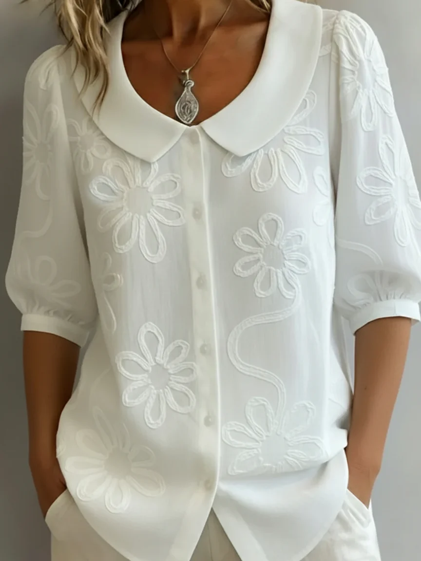 Vintage Peter Pan Collar Embroidered Floral Shirt