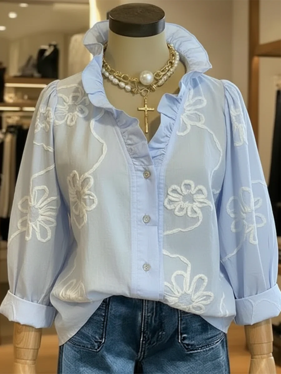 Casual Romantic Ruffled Collar Cotton Shirt