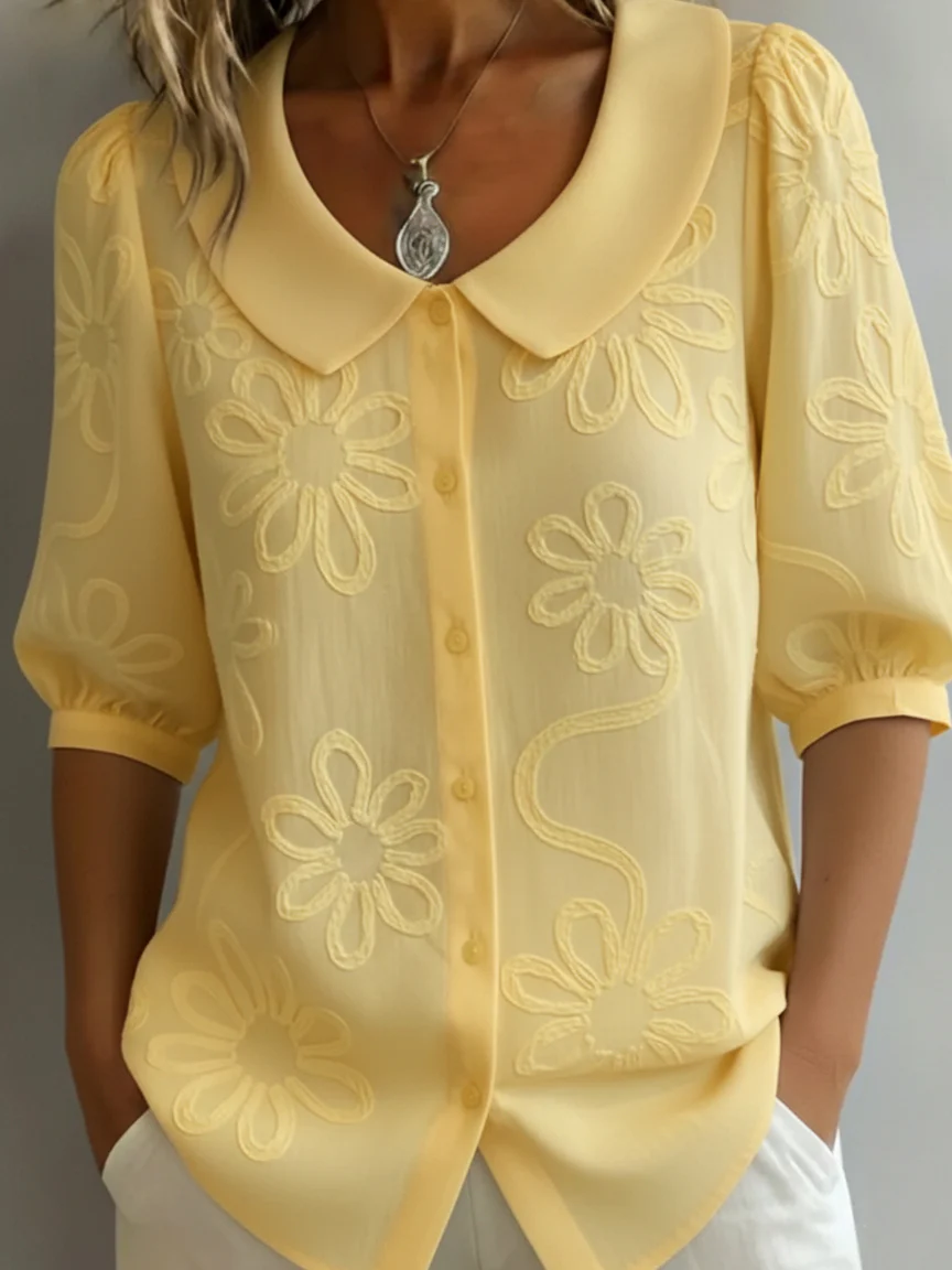 Vintage Peter Pan Collar Embroidered Floral Shirt