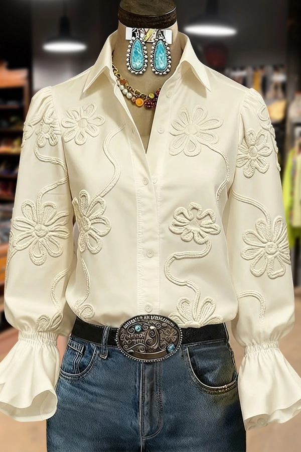 Elegant Textured Flower Bell Sleeve Button Up Blouse