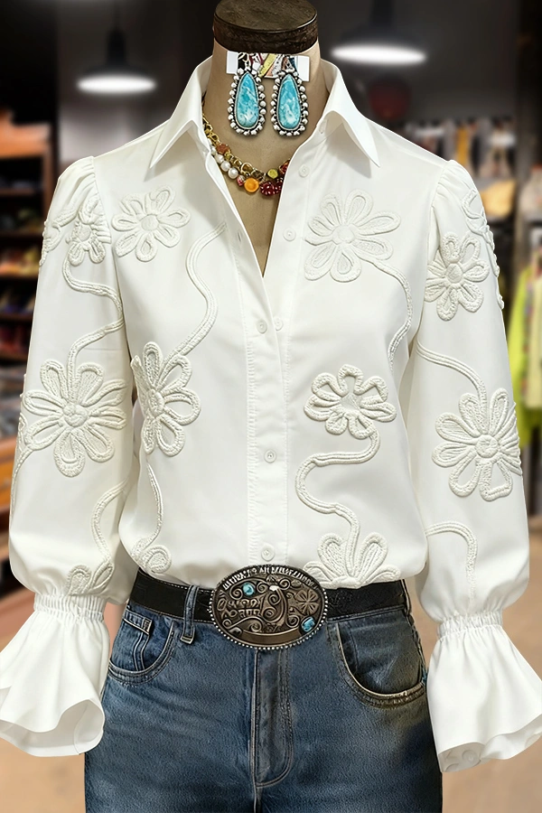 Elegant Textured Flower Bell Sleeve Button Up Blouse