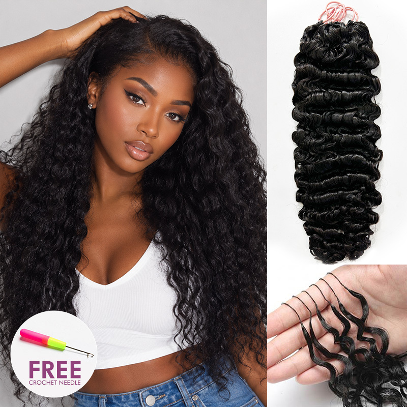 Pre-Separated Feather Crochet Human Hair for Miracle Knots Boho Braids | Deep Wave, Burmese Curly Protective Style 