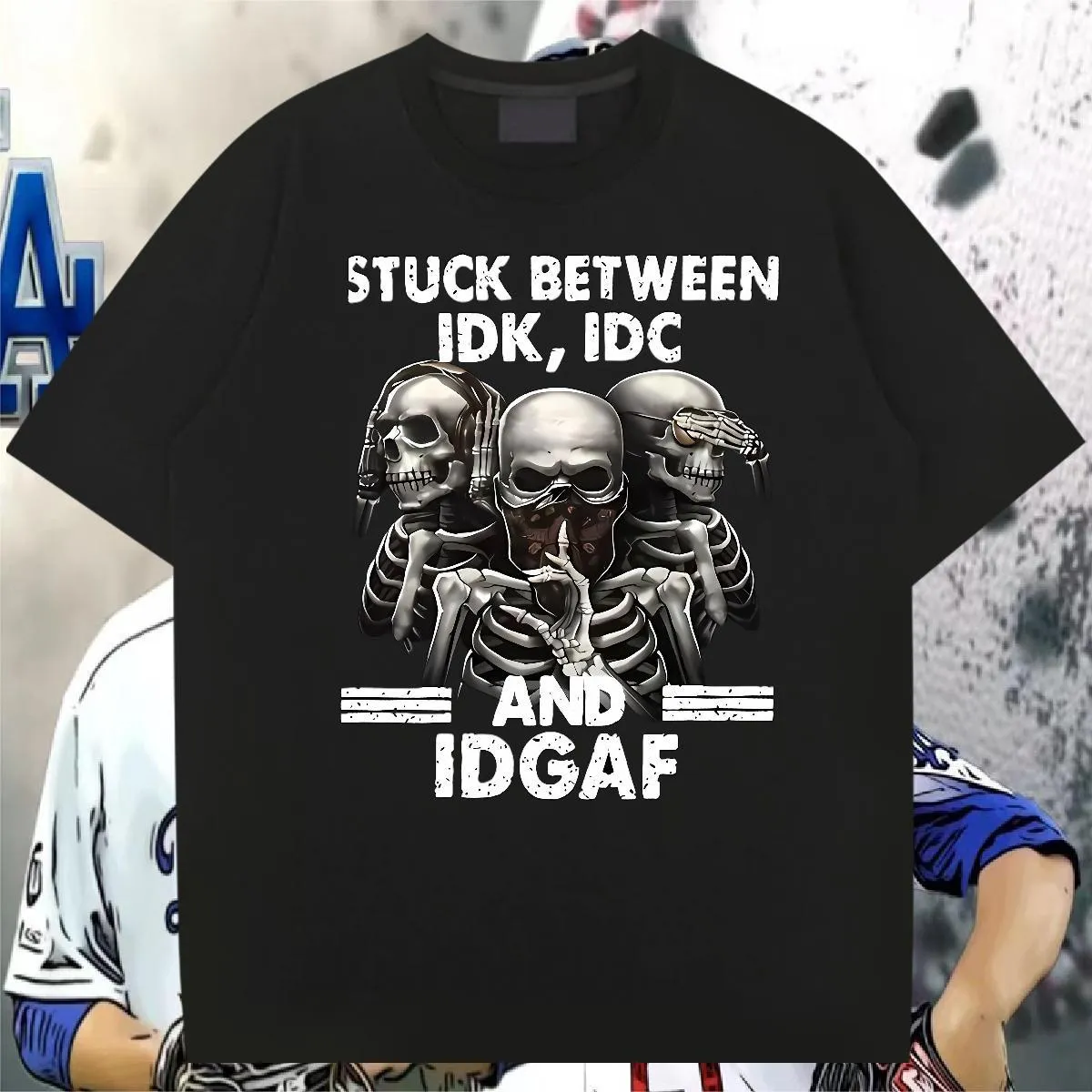 “IDK IDC IDGAF” Skull Graphic Tee | Gen Z Sarcastic Streetwear