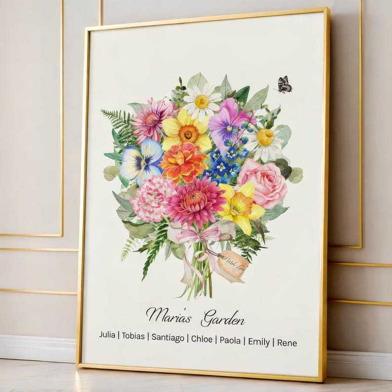 Birth Flower Family Bouquet Custom Names Frame