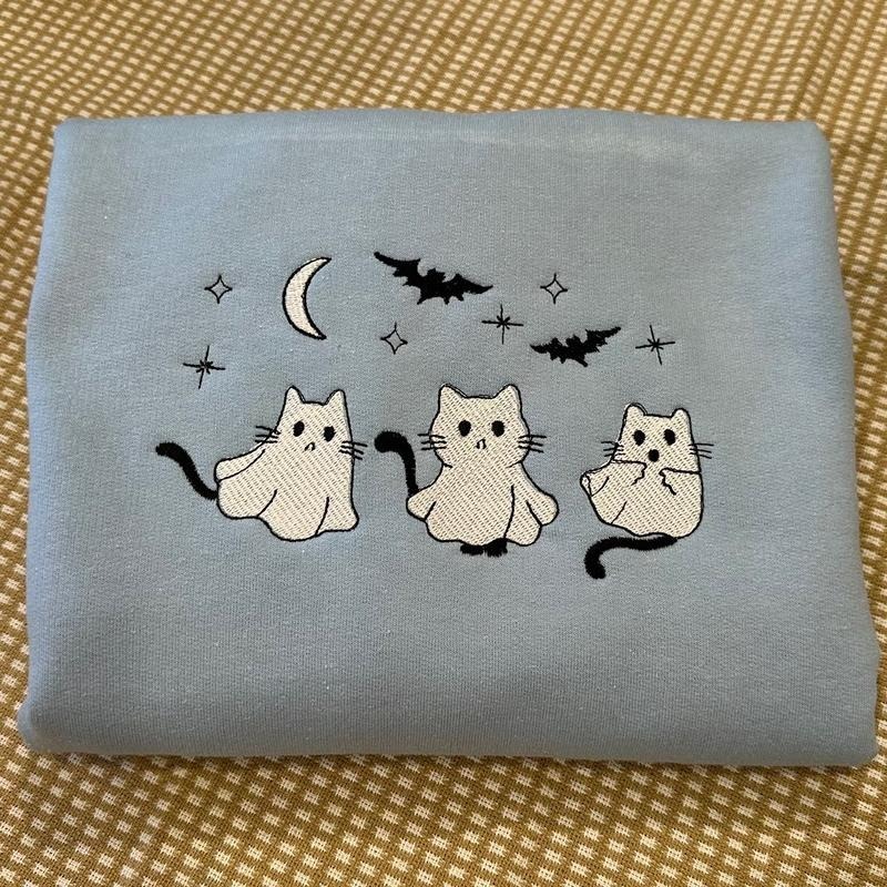 3 Ghost Cats Embroidered Halloween Sweatshirt
