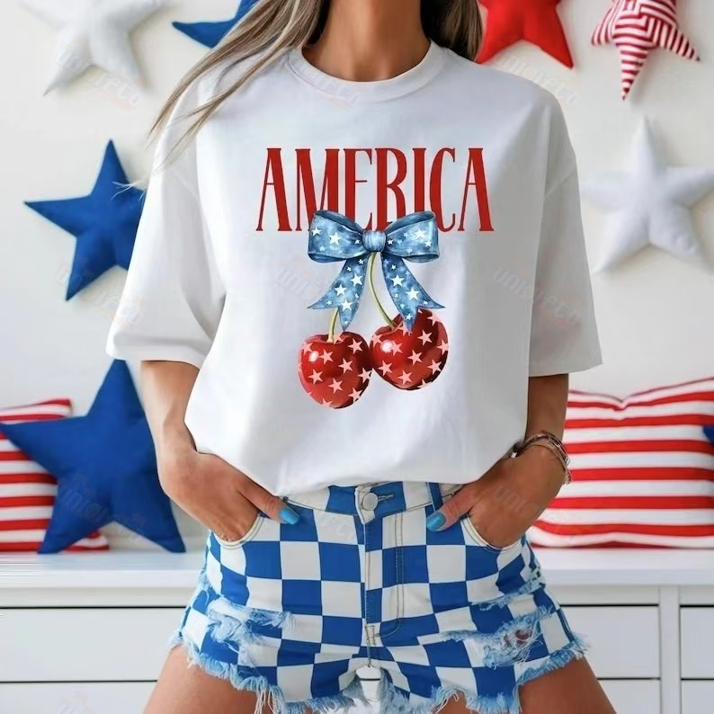 America Cherry Shirt - 4th of July Graphic Tee, Patriotic Bow T-Shirt