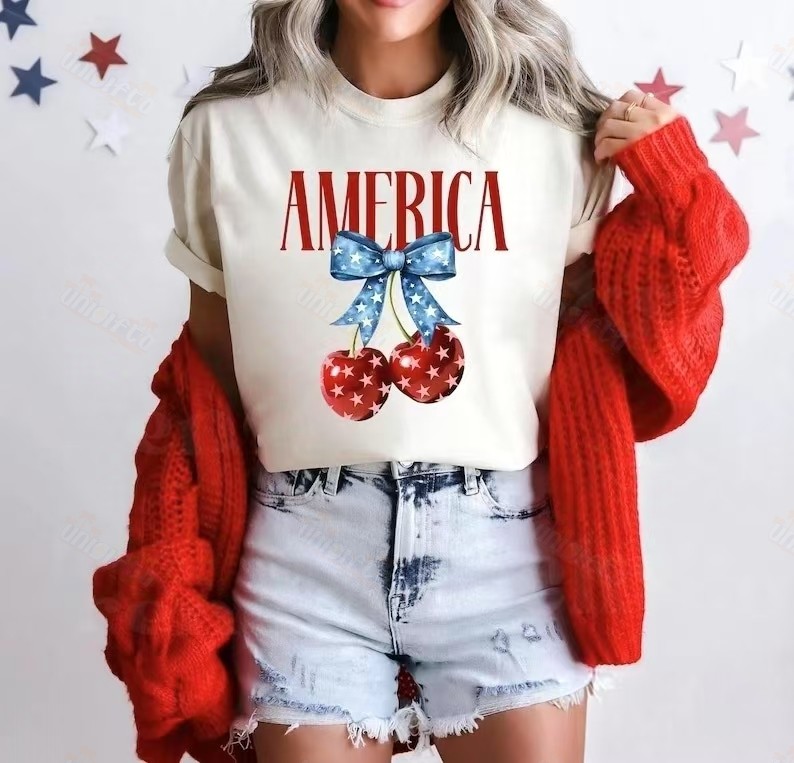 America Cherry Shirt - 4th of July Graphic Tee, Patriotic Bow T-Shirt