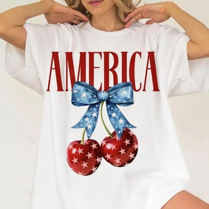 America Cherry Shirt - 4th of July Graphic Tee, Patriotic Bow T-Shirt