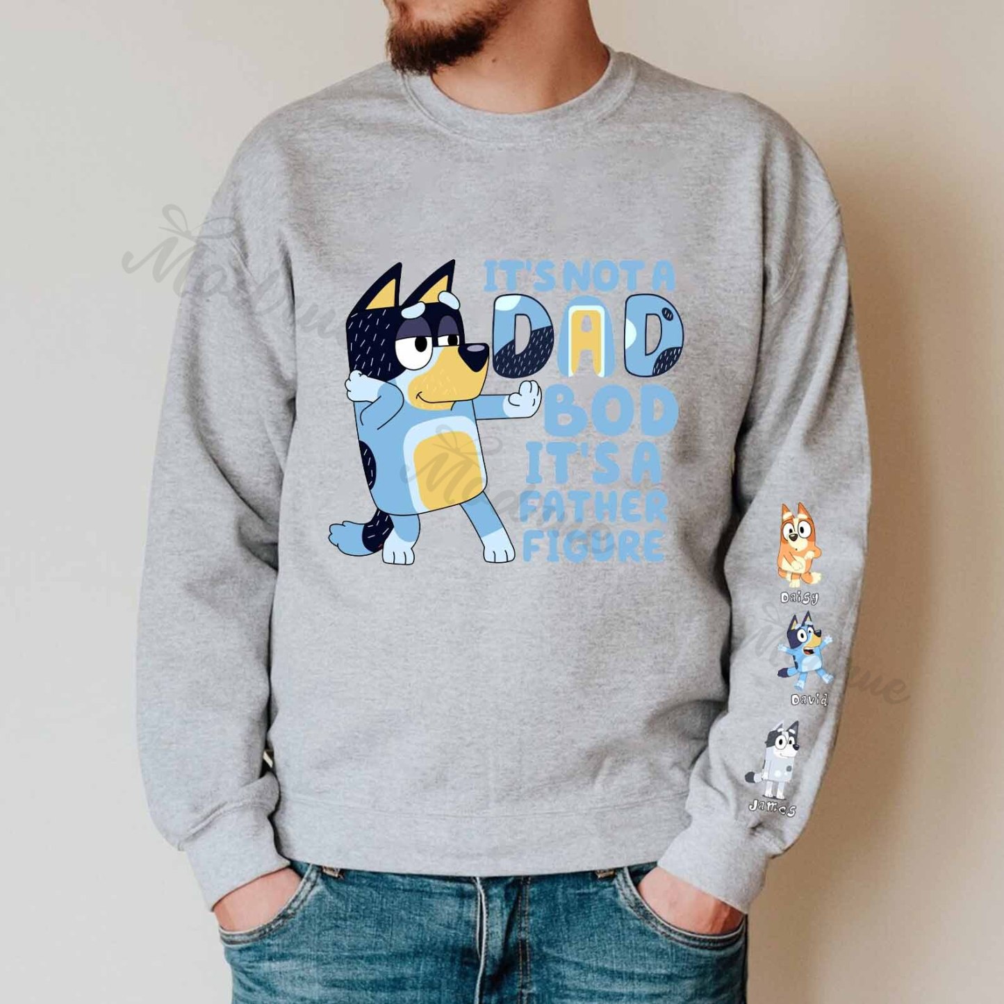 Custom Father Figure Cartoon Sweatshirt with Kid's Name on Sleeve