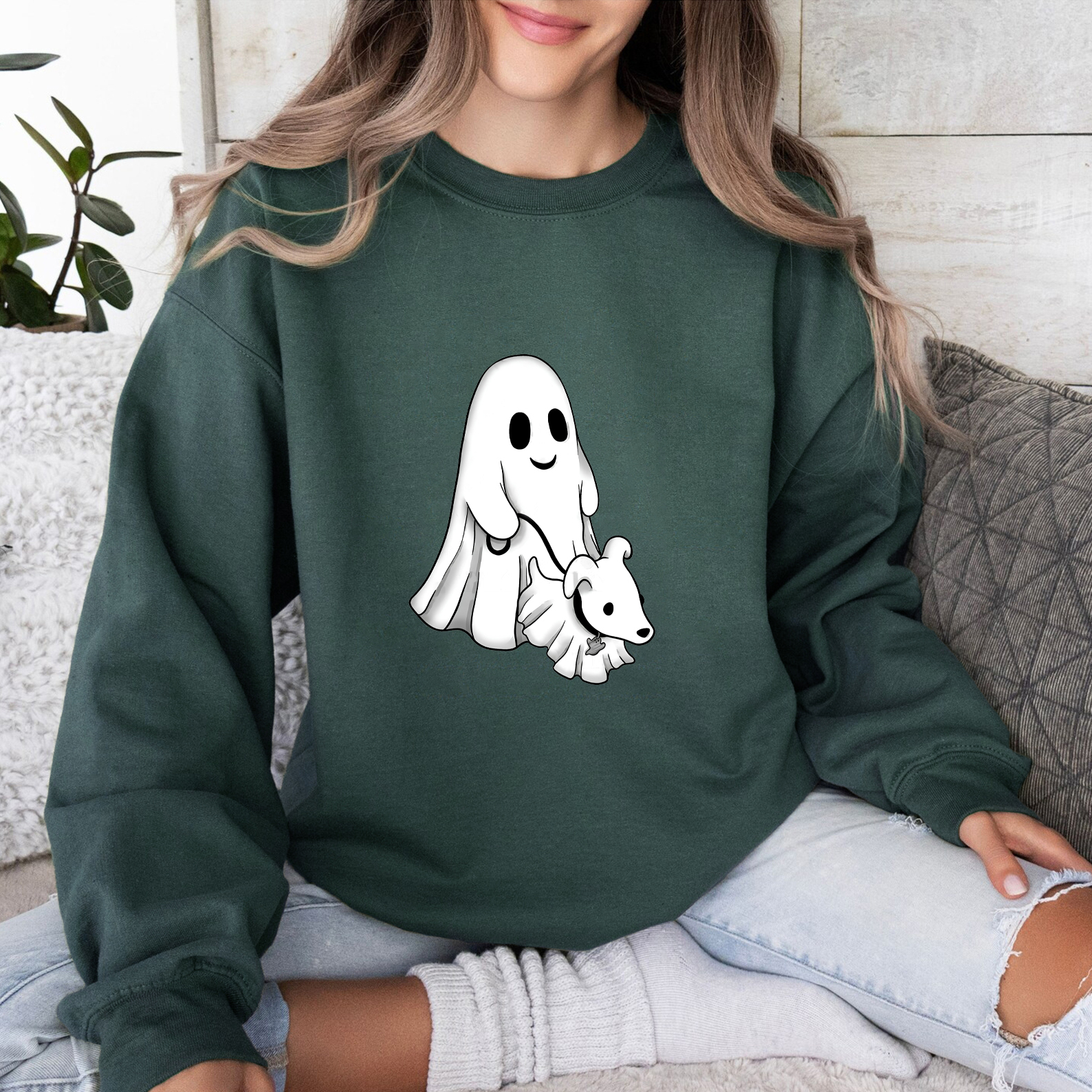 Cute Ghost Walking Dog & Flower Crown Halloween Shirt