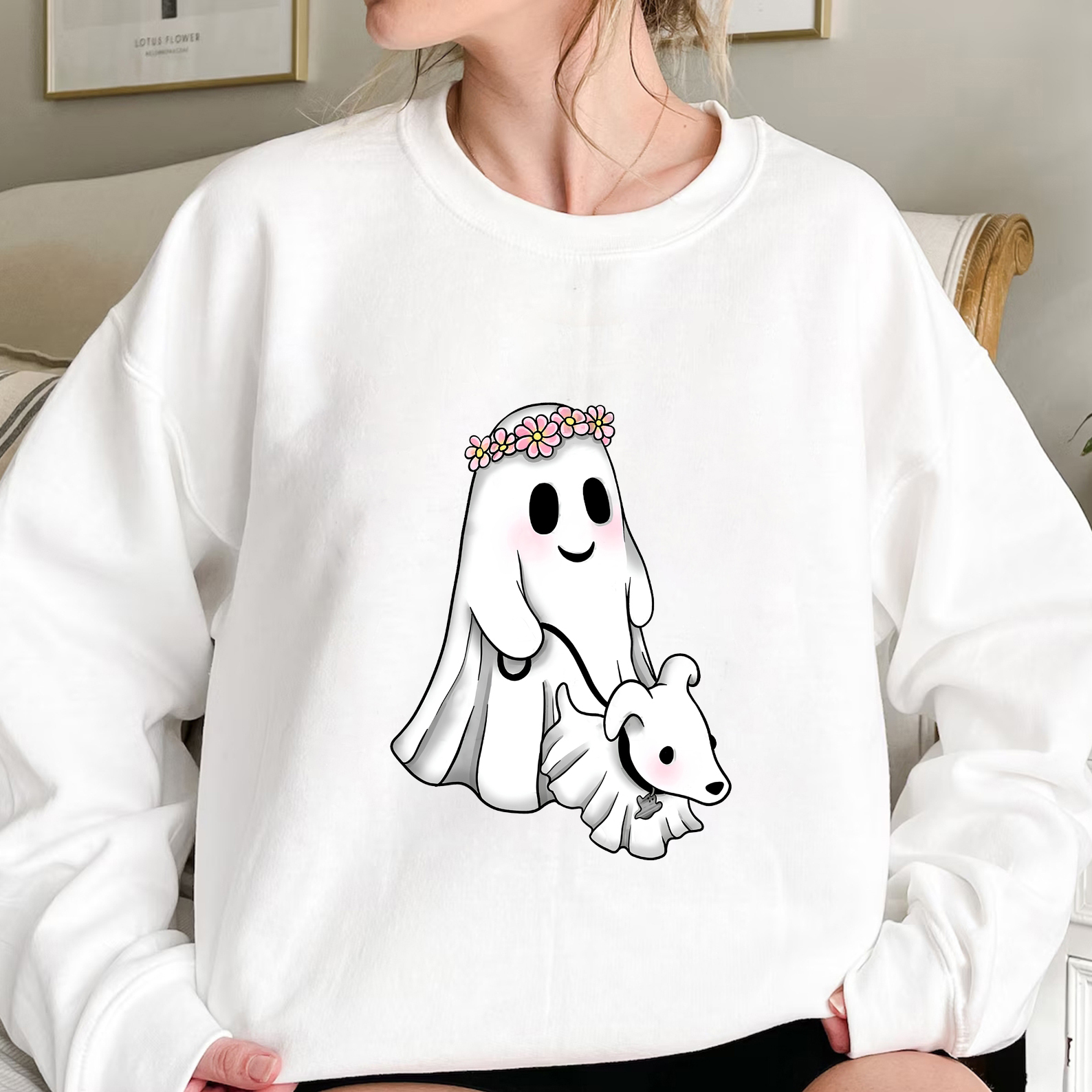 Cute Ghost Walking Dog & Flower Crown Halloween Shirt