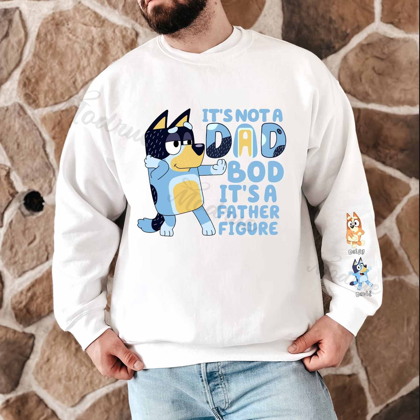 Custom Father Figure Cartoon Sweatshirt with Kid's Name on Sleeve