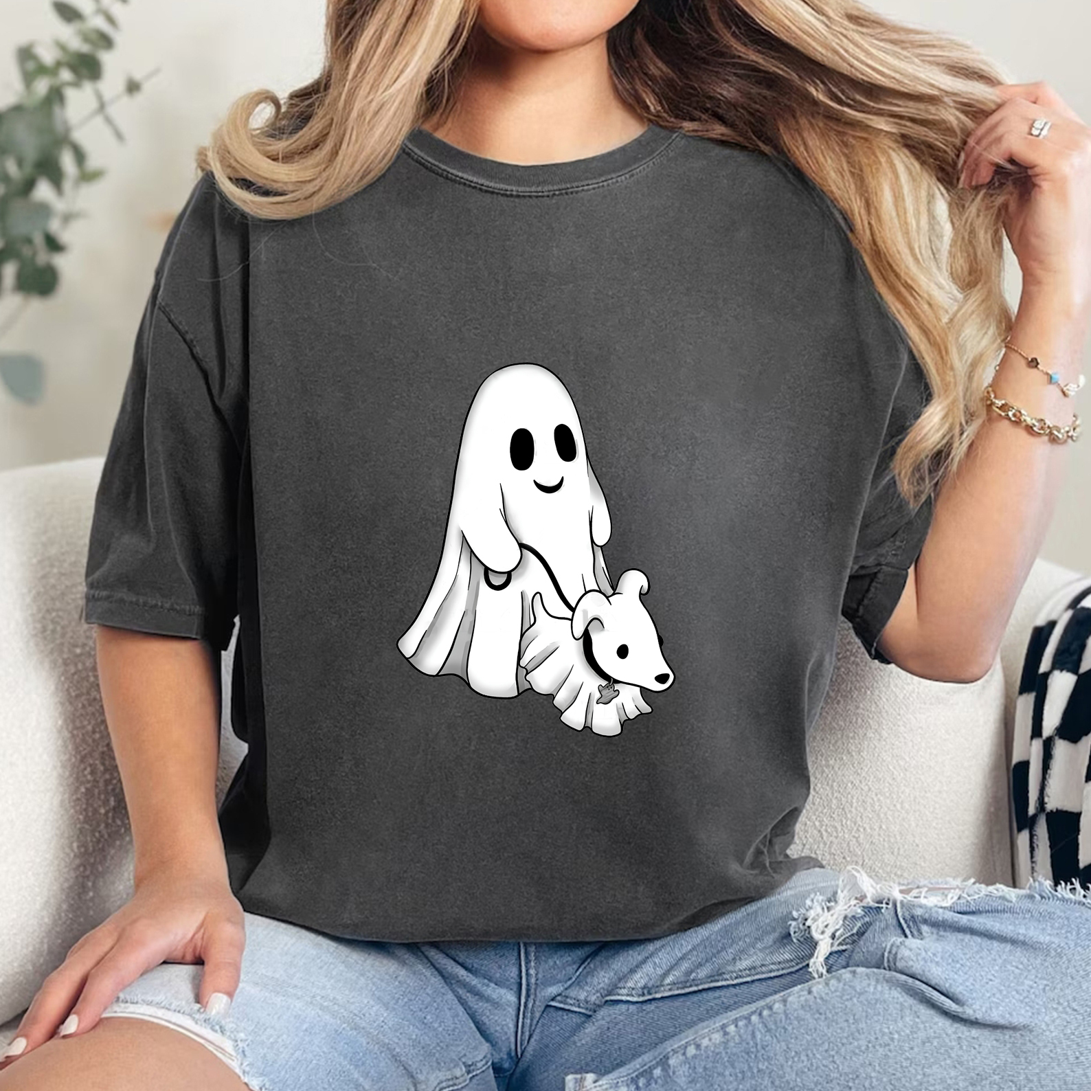 Cute Ghost Walking Dog & Flower Crown Halloween Shirt