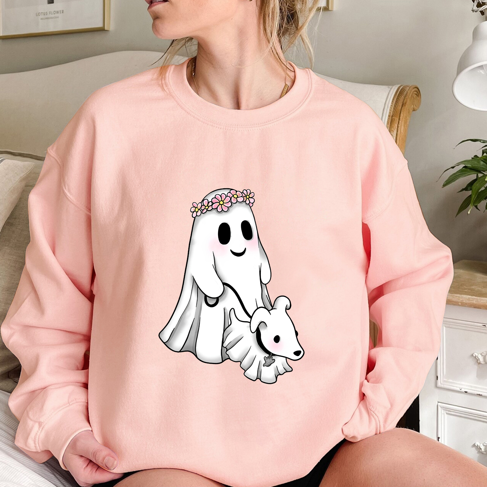 Cute Ghost Walking Dog & Flower Crown Halloween Shirt