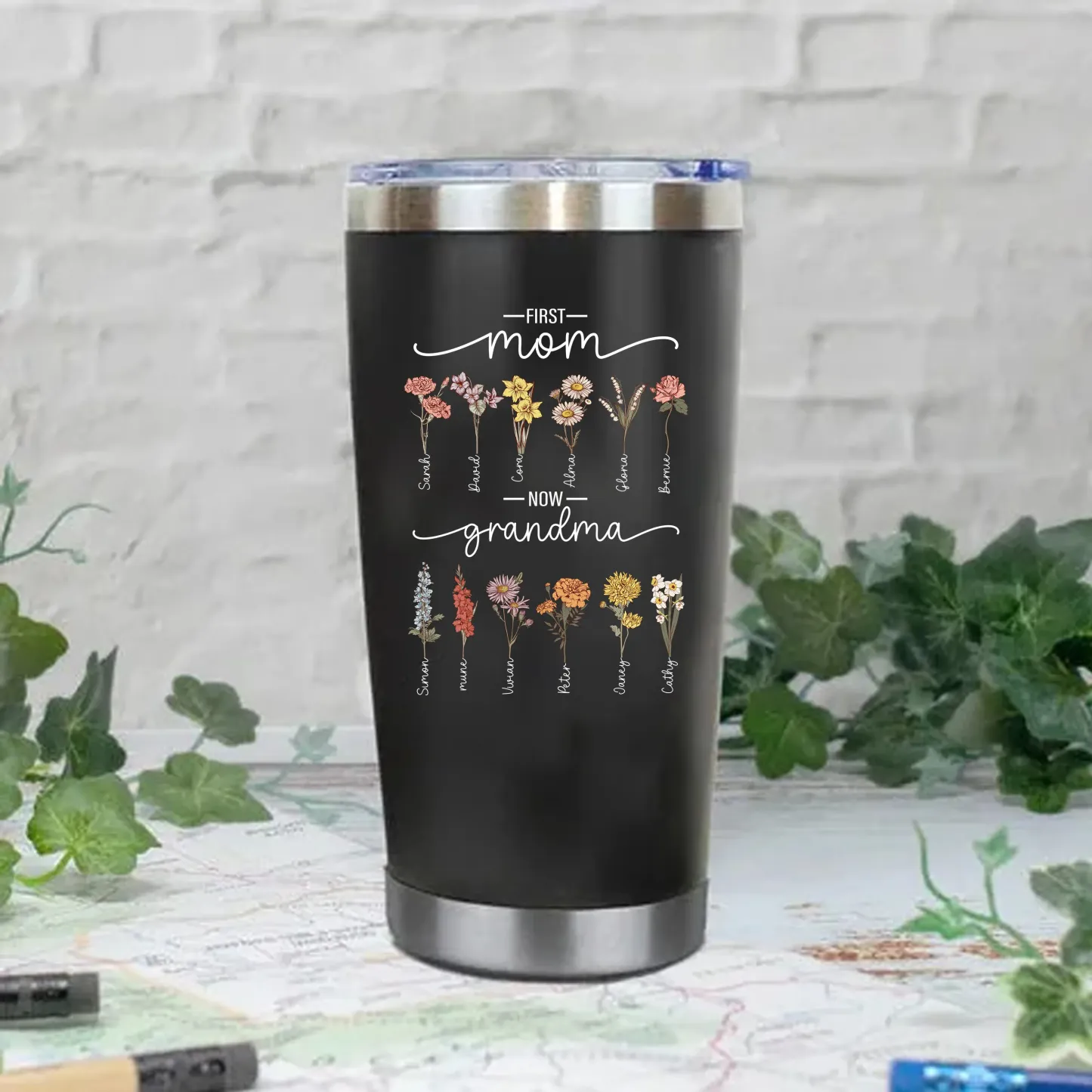 First Mom Now Grandma - Birth Flower Family Custom Stainless Steel Tumbler