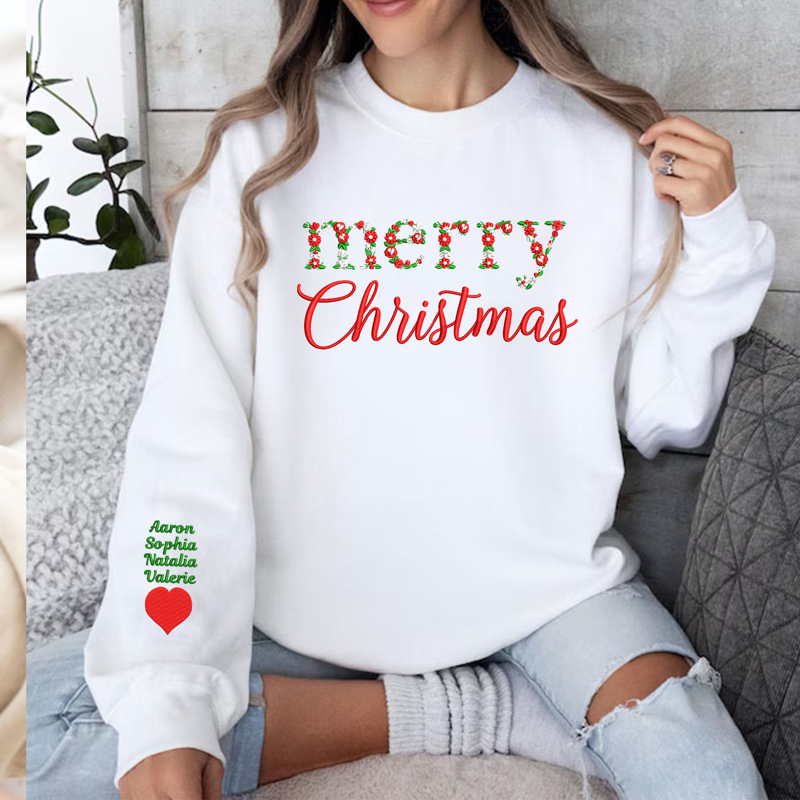 Merry Christmas Floral Embroidered Sweatshirt