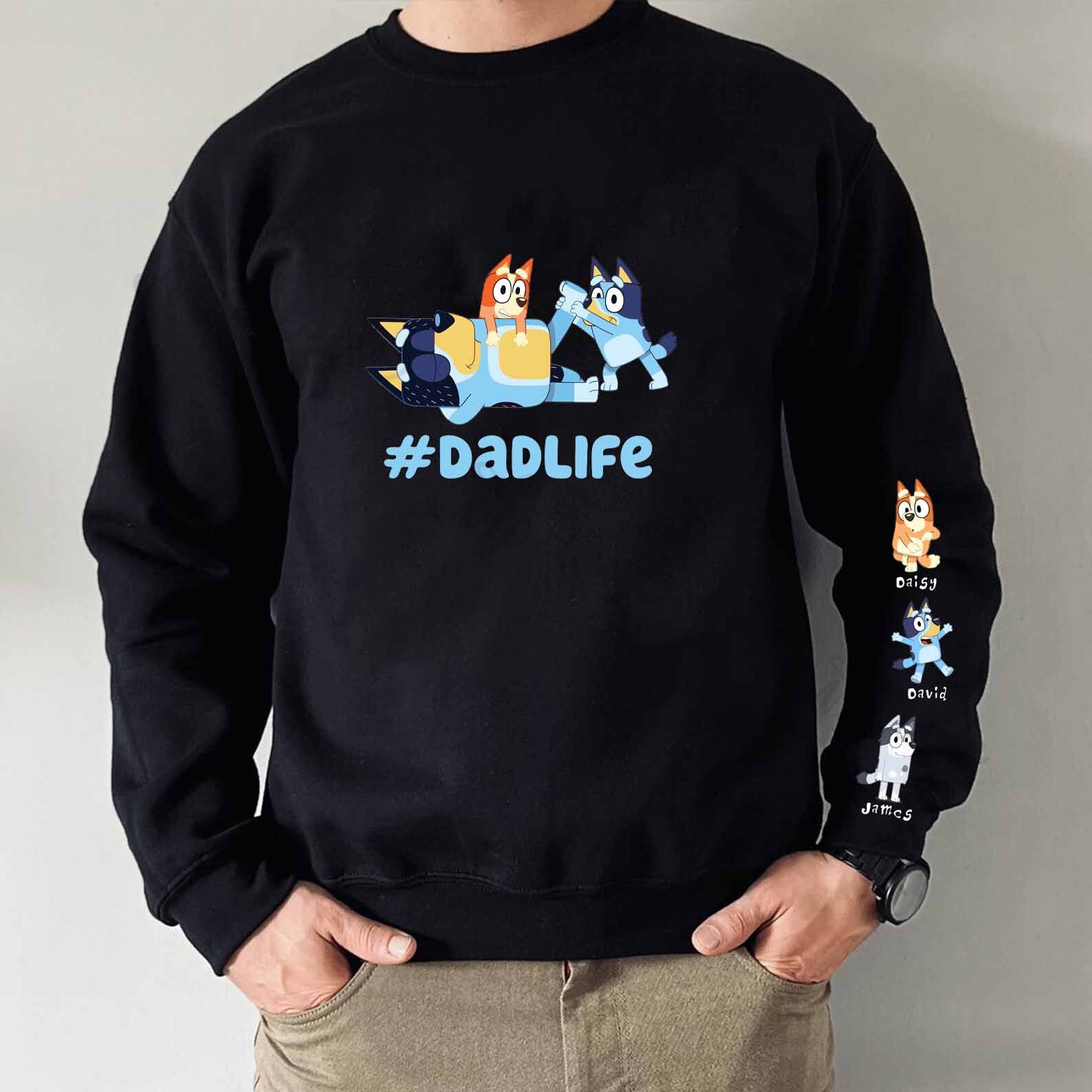 Custom Cartoon Dad Sweatshirt with Kid's Name on Sleeve