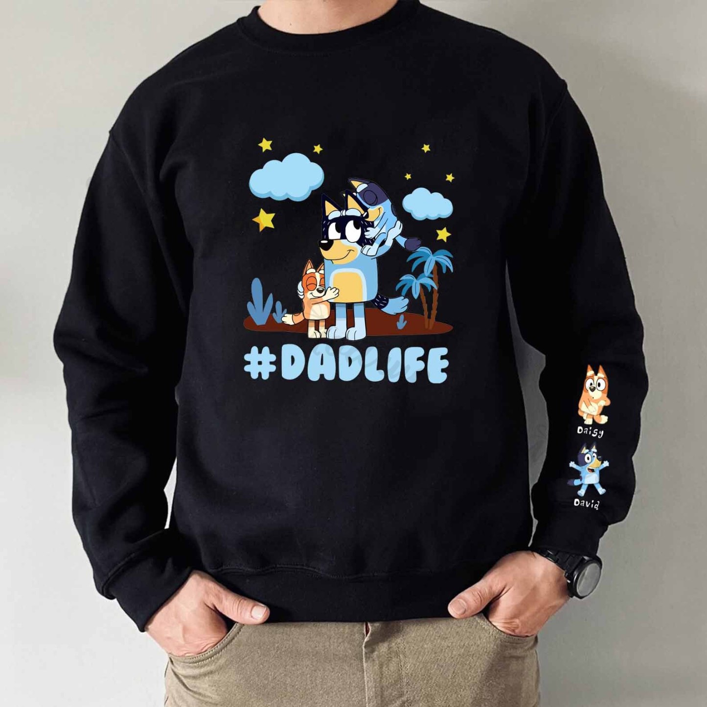 Custom Dadlife Cartoon Sweatshirt with Kid's Name on Sleeve