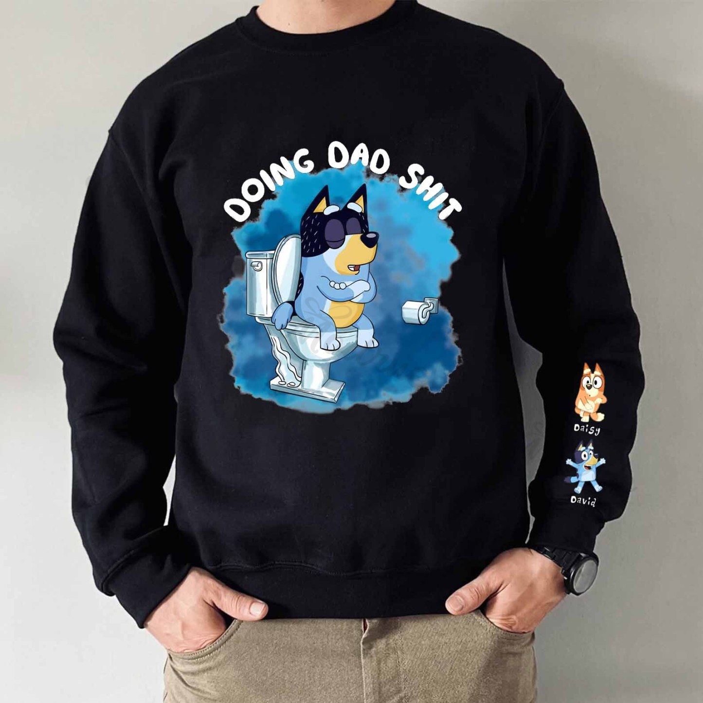 Custom Cartoon Doing Dad Sh*t Sweatshirt with Kid's Name on Sleeve