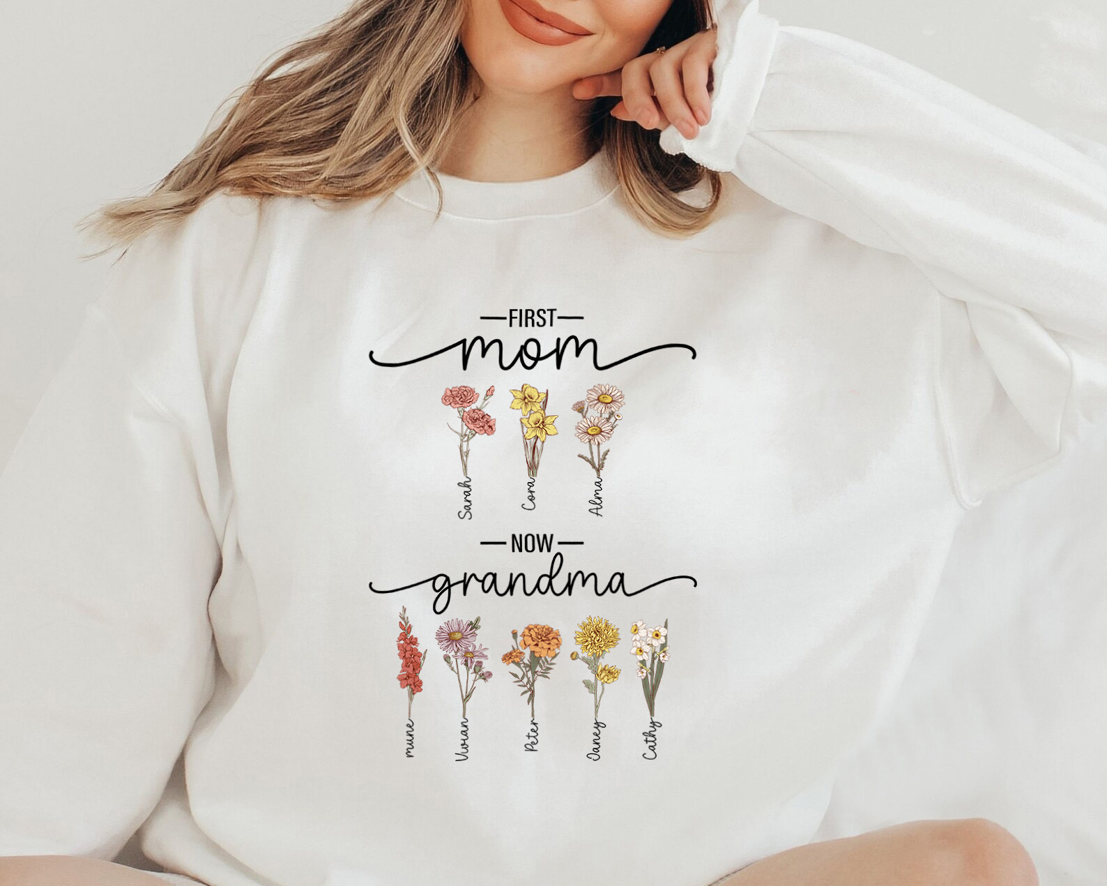 First Mom Now Grandma - Birth Flower Family  Custom Hoodie/Crewneck/T-shirt
