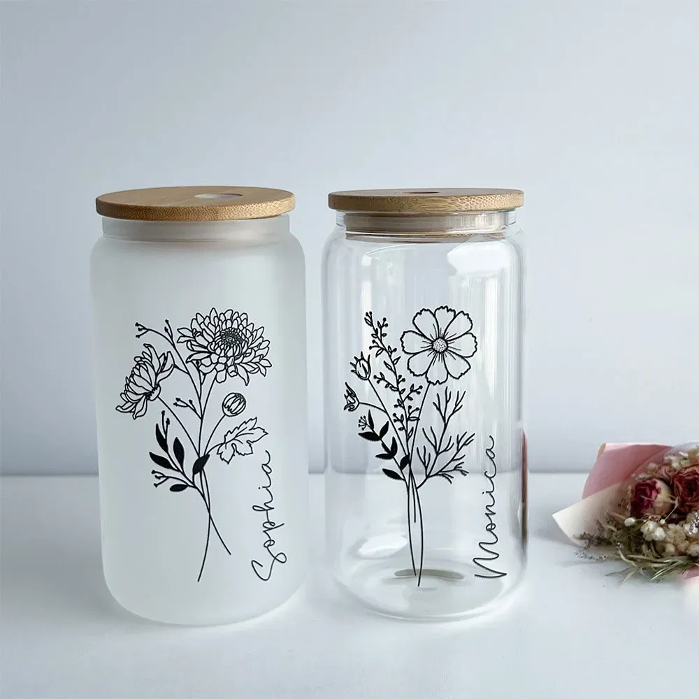 50%OFF⭐️Personalized Iced Coffee Glass Tumbler  With Name And Birth Flower