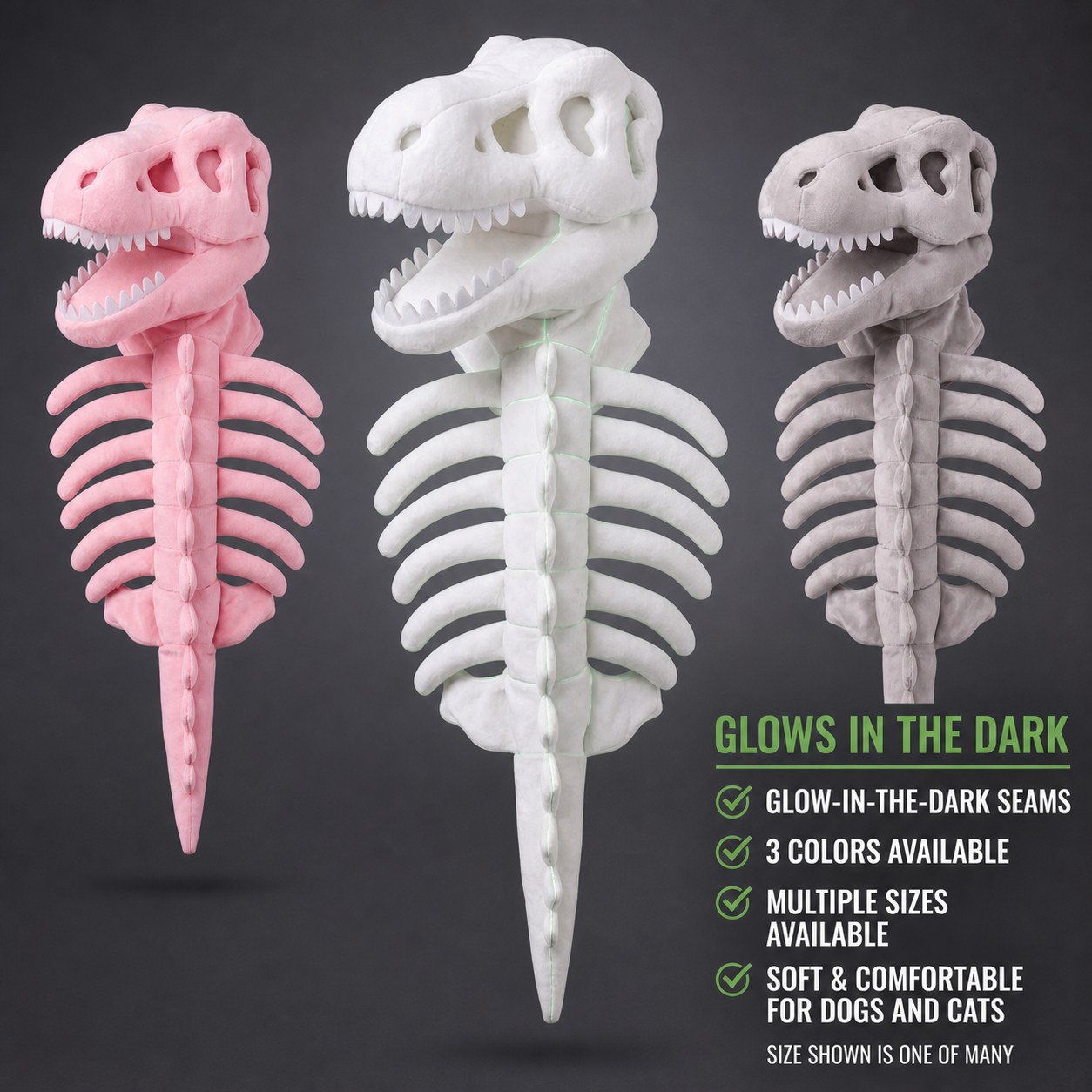 CatSaur Glow-in-the-Dark Dinosaur Skeleton Plush Toy for Dogs & Cats