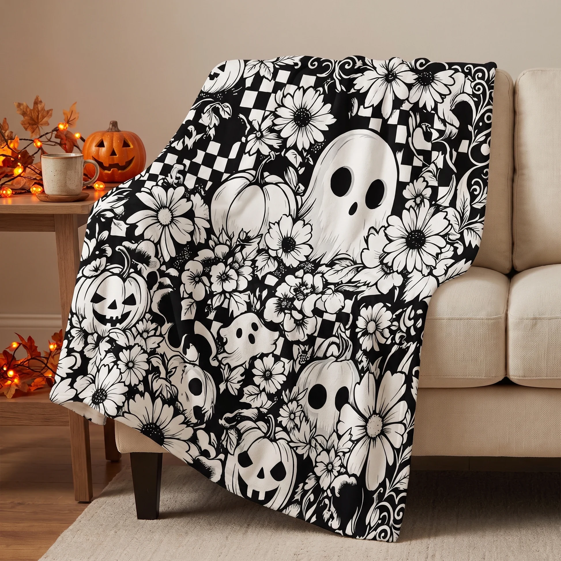 Halloween Coloring Blanket - Floral Ghosts