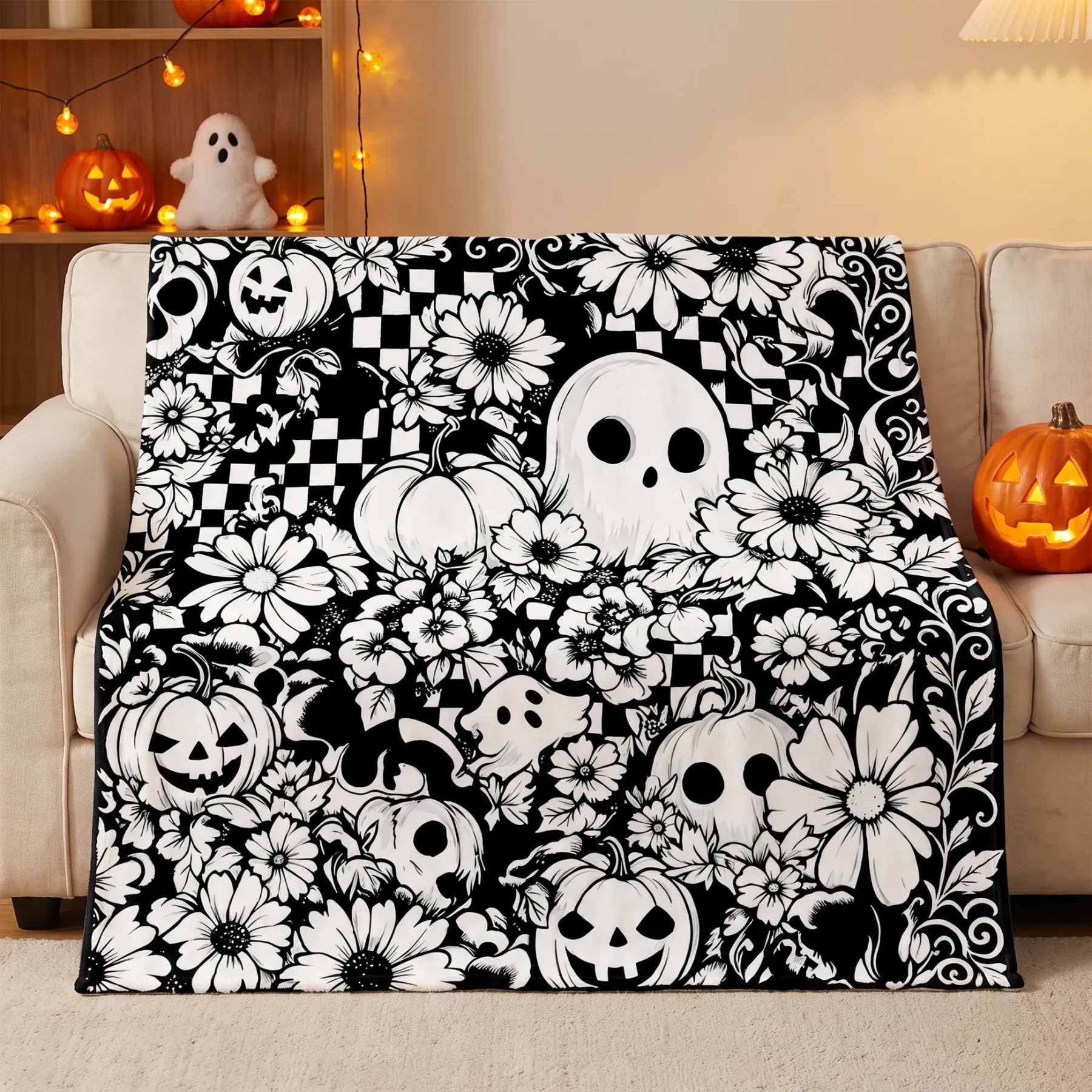 Halloween Coloring Blanket - Floral Ghosts